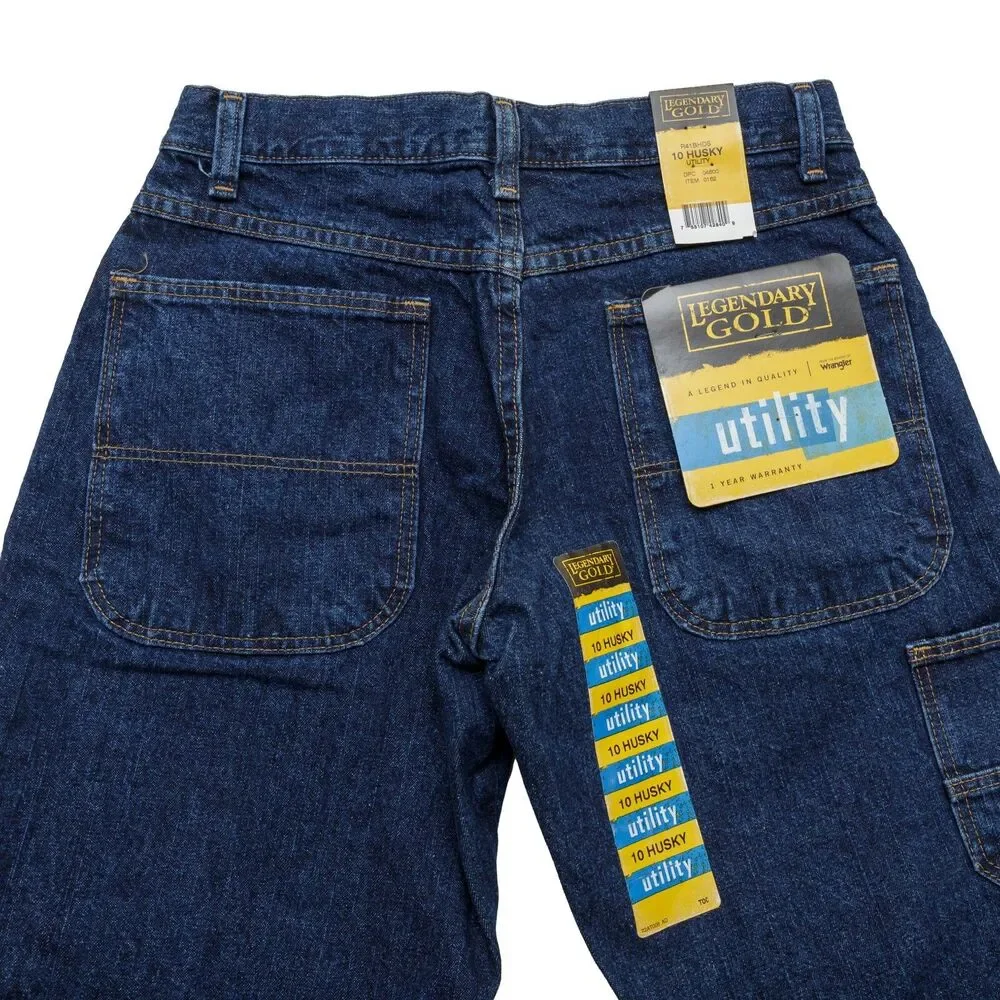 Wrangler Size 10 Boys Utility Jeans Legendary Gold Adj Waist Husky Dark Blue